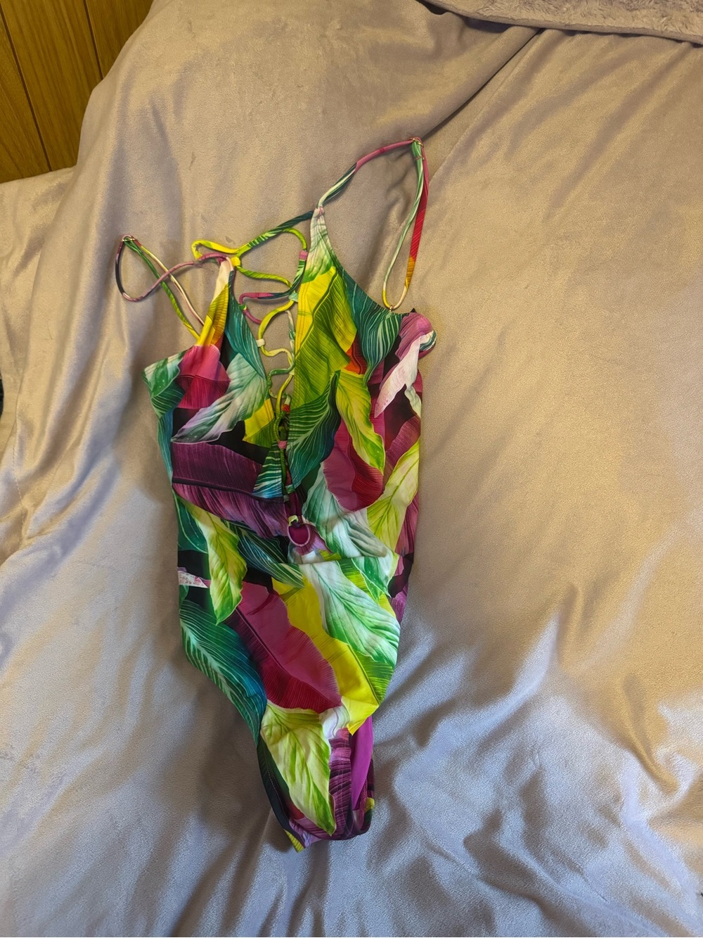 Tropical Lace-Up One-Piece Swimsuit in Green, Pink & Yellow